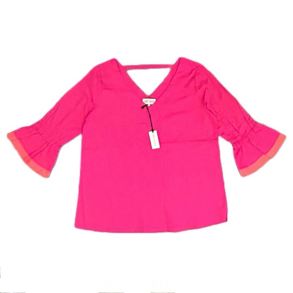 Caryn Vallone Women’s V-neck 3/4 Poet Layered Sleeve Fuchsia Cotton‎ Size L NWT